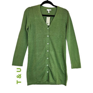 T & U Womens Green Knit All Cotton Long Line Cardigan Sweater Sz S